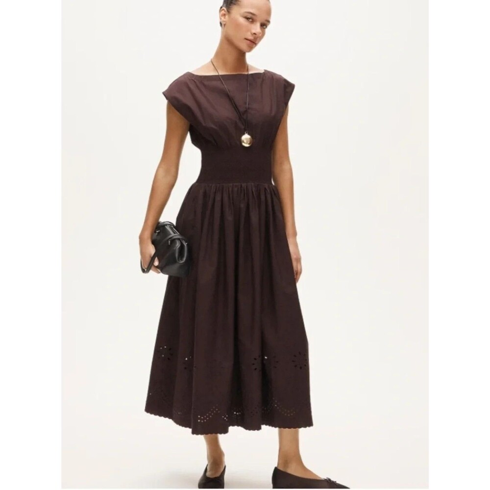 J.CREW Smocked Eyelet Hem Dress In Cotton Poplin S Chocolate Berry Midi NWT B45